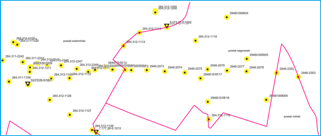 Grafika przedstawiająca przykładowy fragment mapy zwracanej przez usługę KISOG na tle danych PRG