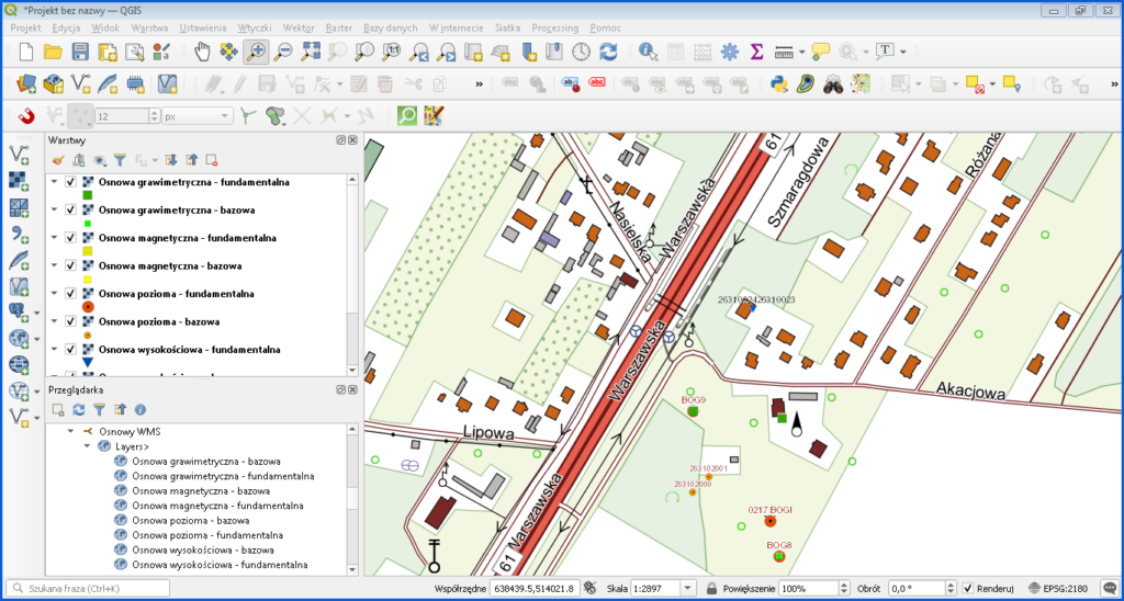 Grafika przedstawiająca dane PRPOG widoczne w QGIS