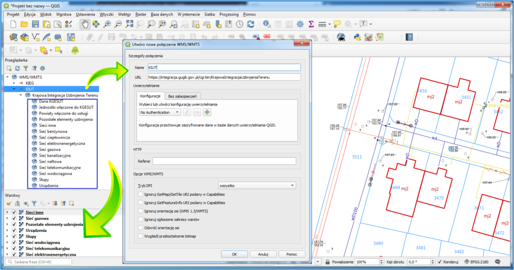 Grafika przedstawiająca widok usługi WMS dotyczącej uzbrojenia terenu podłączonej w oprogramowaniu QGIS