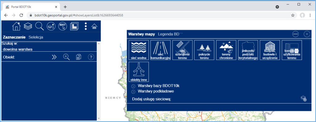 Grafika przedstawiająca widok warstw dostępnych w portalu BDOT10k