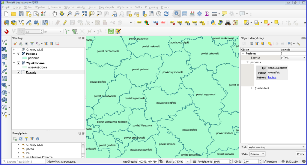 Grafika przedstawiająca pobieranie paczek danych PRPOG w oprogramowaniu QGIS przez usługę WMS