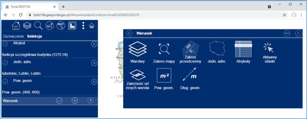 Grafika przedstawiająca przykład zdefiniowanych warunków selekcji