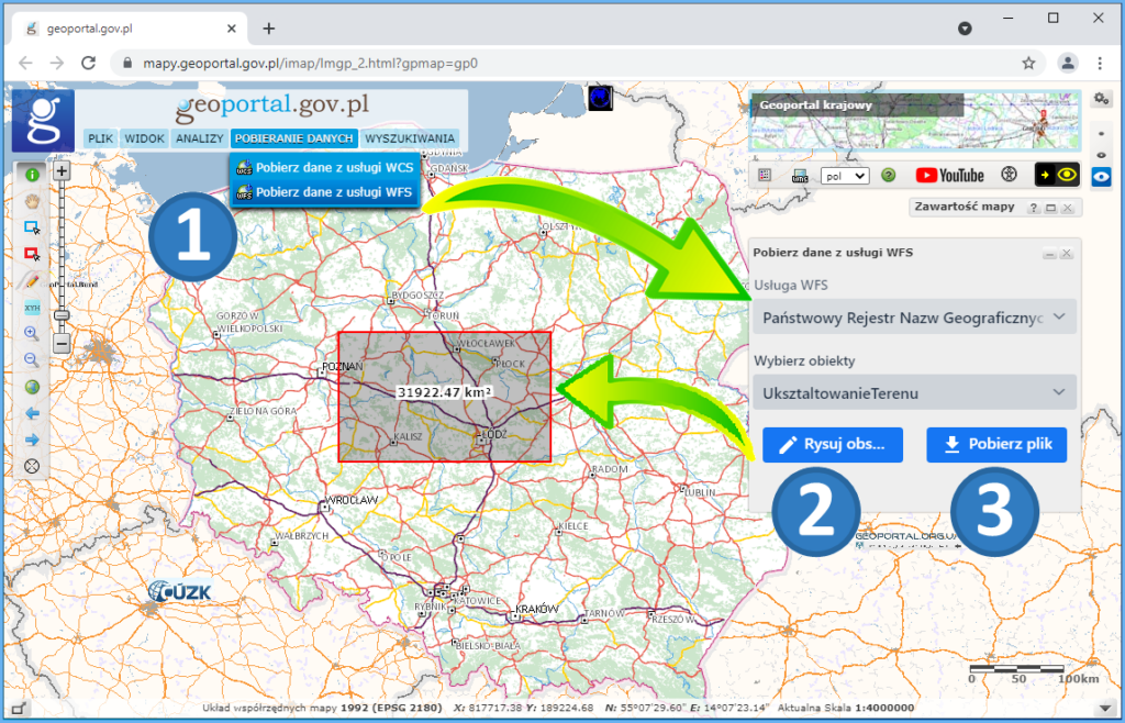 Grafika przedstawiająca pobieranie danych PRNG przez usługę WFS w serwisie www.geoportal.gov.pl