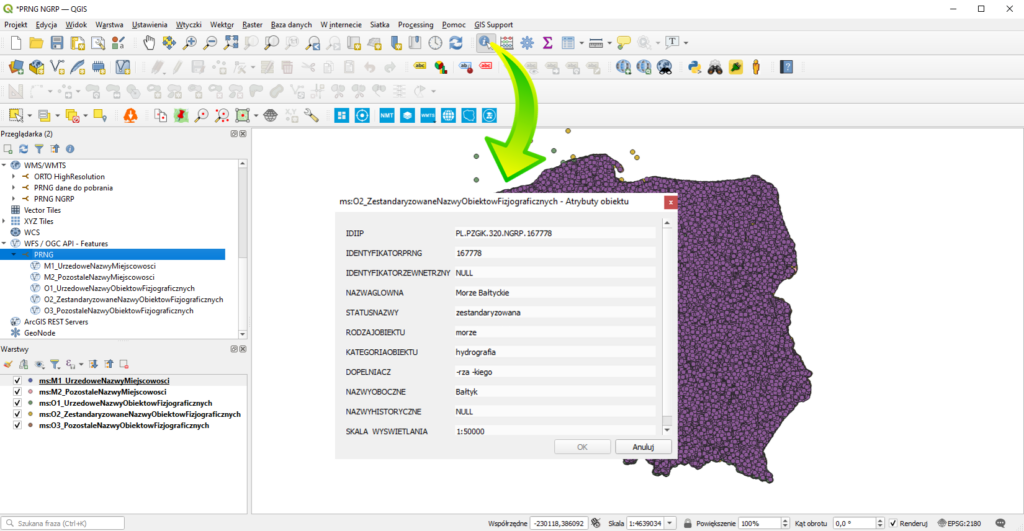 Grafika przedstawiająca identyfikację obiektu w QGIS