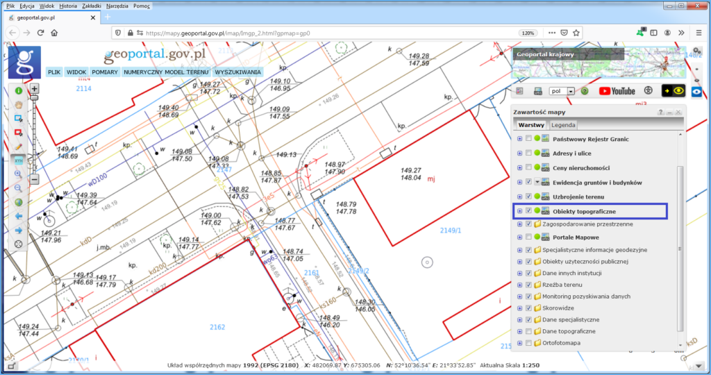 Grafika przedstawiająca widok usługi WMS dotyczącej obiektów topograficznych podłączonej w serwisie www.geoportal.gov.pl