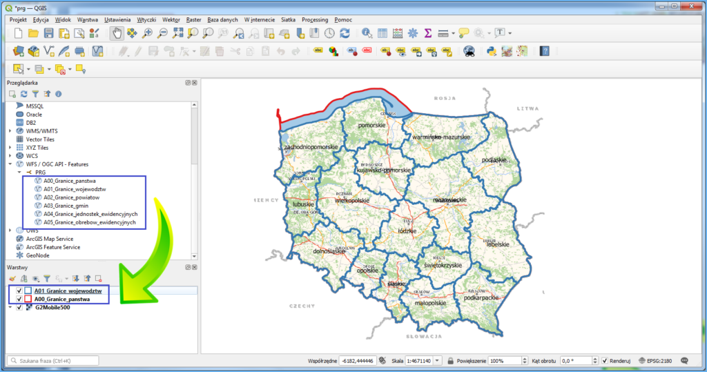 Grafika przedstawiająca utworzenie warstwy informacyjnej z usług WFS w QGIS