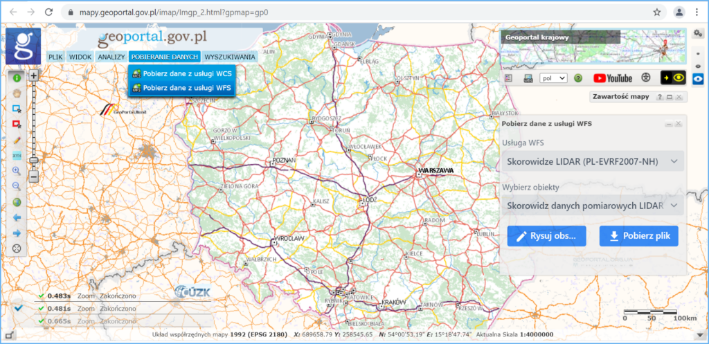 Grafika przedstawiająca wykorzystanie usługi WFS dla danych pomiarowych LIDAR w oprogramowaniu QGIS