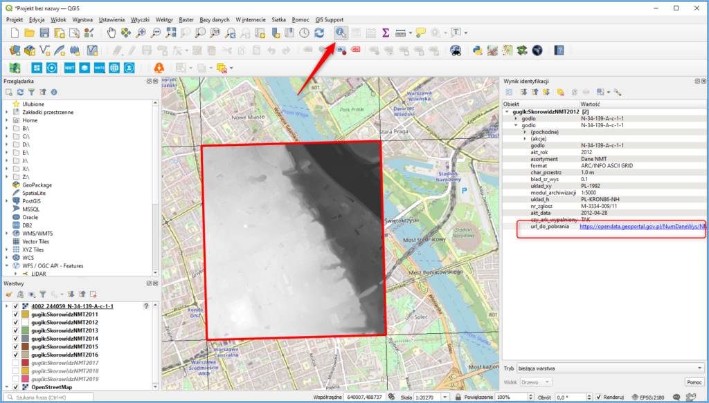 Grafika przedstawiająca widok usługi WFS dla NMT wczytanej w oprogramowaniu QGIS