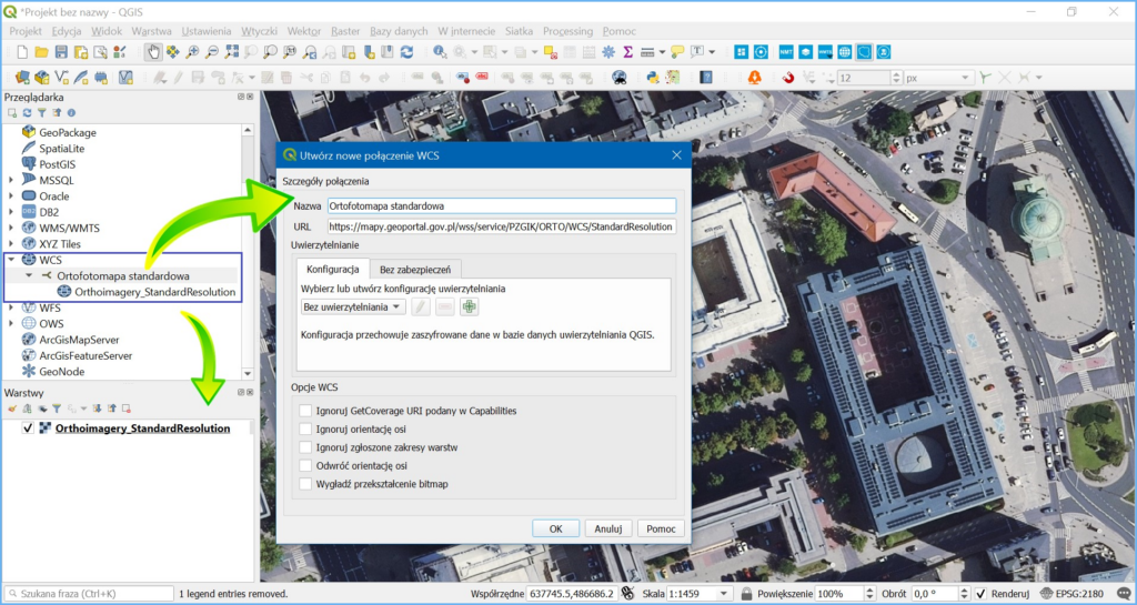 Grafika przedstawiająca wykorzystanie usługi WCS w oprogramowaniu QGIS