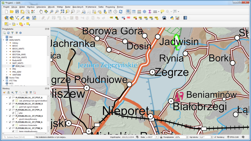 Grafika przedstawiająca wizualizację danych BDOO w QGIS z wykorzystaniem dedykowanej wtyczki GUGiK