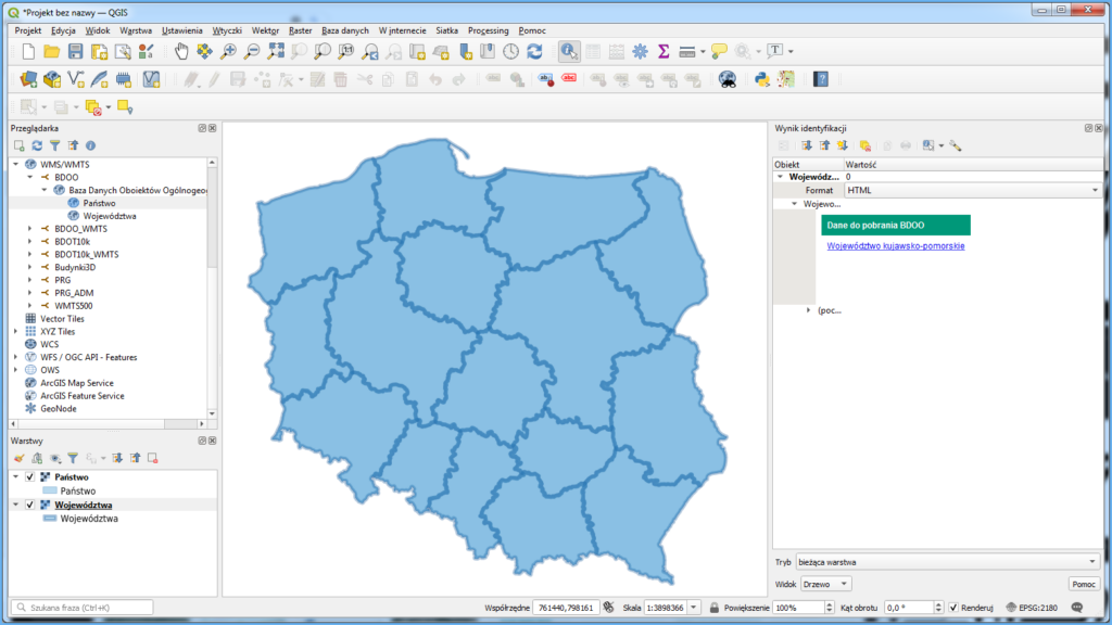 Grafika przedstawiająca pobieranie danych BDOO w serwisie oprogramowania QGIS przez usługę WMS