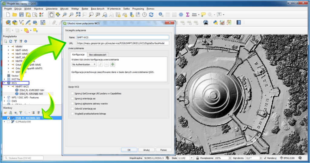 Grafika przedstawiająca wykorzystanie usługi WCS dotyczącej NMPT w oprogramowaniu QGIS