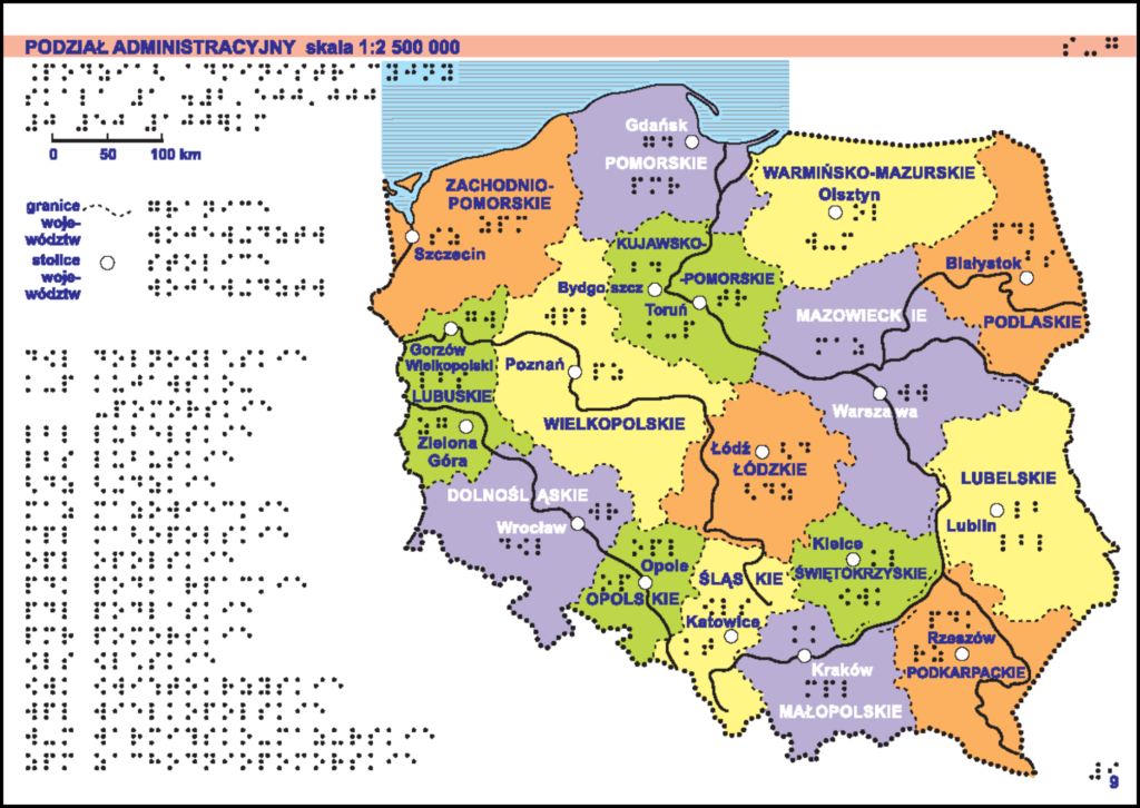 Przykłady map z każdego działu „Atlasu geograficznego Polski” dla niewidomych i słabowidzących