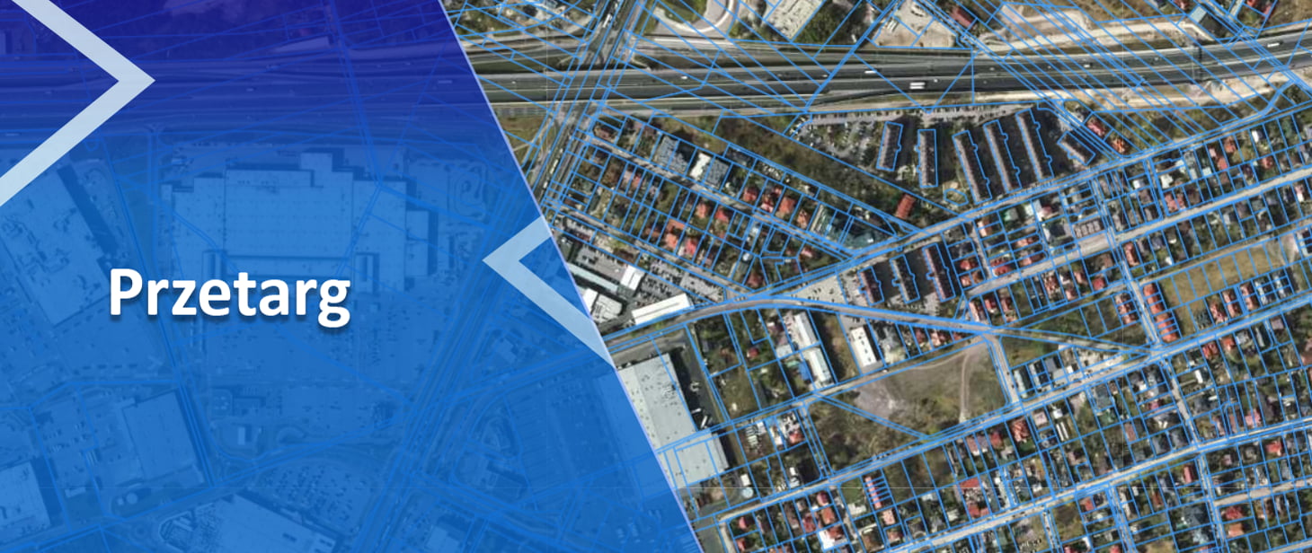 Po lewej stronie na niebieskim tle napis: "Przetarg", a po prawej zrzut ekranu ze strony geoportal.gov.pl.