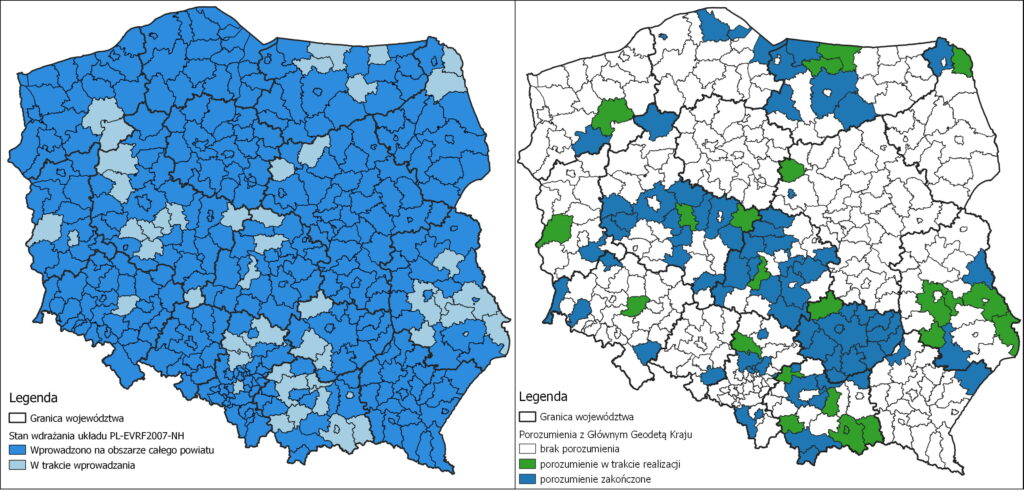 Ilustracja przedstawia zestawione obok siebie dwie mapy Polski z oznaczonym kolorystycznie: stanem wdrożenia układu PLEVRF2007NH w powiatach po lewej stronie i powiatami, z którymi zawarte zostało porozumienie po prawej stronie.