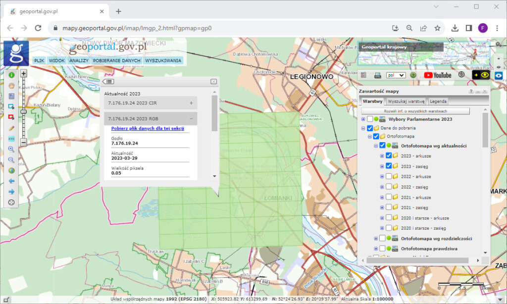Ilustracja przedstawia zrzut z serwisu www.geoportal.gov.pl prezentujacy skorowidze do pobrania ortofotomapy z 2023 r.